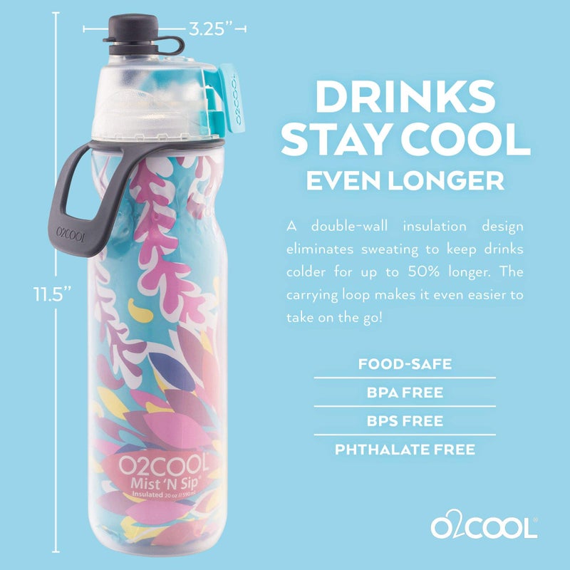 O2COOL Mist 'N Sip Misting Water Bottle 2-in-1 Mist And Sip Function With No Leak Pull Top Spout Reusable Sports Water Bottle - 20 oz (Tropical) - Image 1
